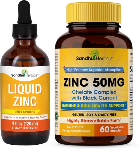 [BRSRAEITPIARUFDH] Sandhu Herbals Liquid Zinc Drops 4 Oz & Zinc Capsules 60 Count Supplement | Supports Immune and Skin Health| Made in USA