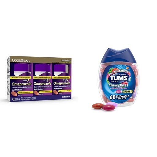 [BRSRAYYYOQHBOYLH] GoodSense Omeprazole Tablets 14 Count (3 Pack) and TUMS Chewy Bites Antacid Tablets 60 Count