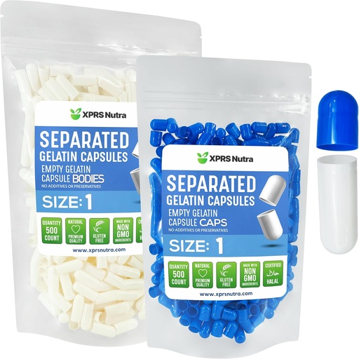 [BRSROFIOOYDQMDQU] XPRS Nutra Size 1 Gelatin Separated Capsules- 500 Count Empty Pill Capsules Separated in Bags - Empty Pills Empty for DIY Supplement Filling (Blue/White)