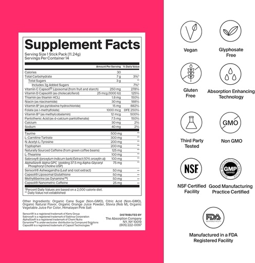 [BRSRAHAOBYCGMALV] The Absorption Company Energy Drink Powder Mix Packets – Clean Energy Booster to Support Alertness with 150mg Natural Caffeine & Vitamin C – Fruit Punch Flavor, 28 Sticks