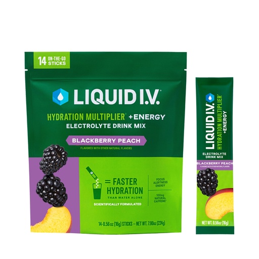 [BRSROAIEAQAQOAIZ] Liquid I.V.® Hydration Multiplier+Energy | Blackberry-Peach | Electrolyte Powder Drink Mix | 3 Pack (42 Servings)