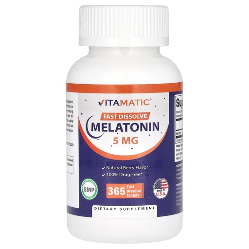 [BRSRMBQEBYBWYDTU] Vitamatic Melatonin 5 mg Tablets | Vegetarian, Non-GMO, Gluten Free | 1 Year Supply | Natural Berry Flavor - 365 Tablets