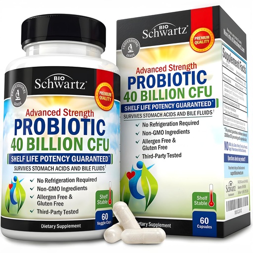 [BRSWIAIOAV6BU2DA] BioSchwartz Daily Probiotic Nutritional Supplement - 40 Billion CFU for Gut Health - Probiotics for Men and Women - Digestive Health with Astragalus & Lactobacillus - Shelf Stable - 60 Count