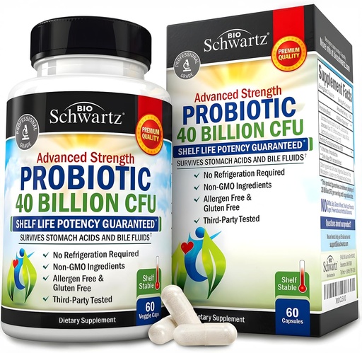 [BRSWIAIOAV6BU2DA] BioSchwartz Daily Probiotic Nutritional Supplement - 40 Billion CFU for Gut Health - Probiotics for Men and Women - Digestive Health with Astragalus " Lactobacillus - Shelf Stable - 60 Count