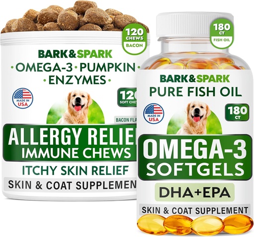[BRSROBAYOQAQ4D3B] Аллергия Relief + Omega 3 Bundle - Anti-Itch Skin & Coat Supplement + Skin Allergy - Omega 3 Fish Oil + EPA & DHA Fatty Acids - Itching & Paw Licking + Joint Health - 120 Chews + 180 Softgels - Made in USA