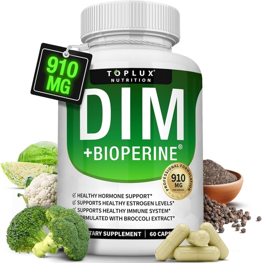 [BRSWGCQLCUCAK3DK] Dim Supplement 910 mg Plus BioPerine Complex - Diindolylmethane to Support Hormone Balance and Estrogen Metabolism, Helps with Menopause Acne PCOS Better Skin Bodybuilding, for Men Women, 60 Capsules