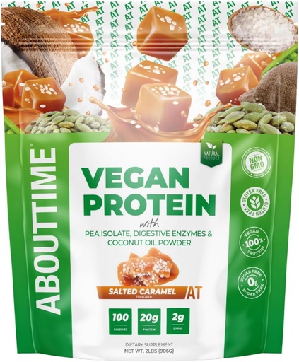 [BRSWYEIZA4HBU3AZ] About Time Vegan Protein Powder 20g Salted Caramel, Natural Ingredients, Non-GMO, Plant Based, Gluten Free, Soy Free, Dairy Free, 32 Servings