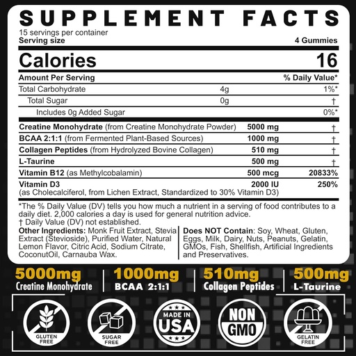 [BRSRAFA7B4OWY3YZ] Men's & Women's Creatine Monohydrate Gummies Complex, 6-in-1 Chewable Pre-Workout Creatine with BCAA, Collagen Peptides, L-Taurine, 15 Servings, Natural Lemon Flavor - 60 Count (Pack of 1)