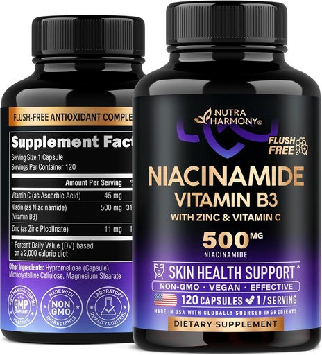 [BRSRA2T6A55Q22TG] Niacinamide 500 mg - Vitamin B3 Flush-free Form Niacinamide Supplement - Healthy Clear Skin & Antioxidant Support - with Zinc & Vitamin C - Lab Tested, Vegan & NON-GMO - Made in USA - 120 Capsules