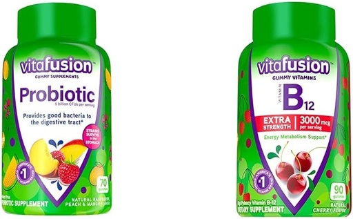 [BRSROAIKCMGQEGTV] Vitafusion Probiotic Gummy Supplements, Raspberry, Peach and Mango Flavors & Extra Strength Vitamin B12 Gummy Vitamins