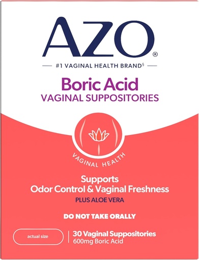 [BRSW22QDDICWEH33] AZO ® Boric Acid Vaginal Suppotory, Membantu Dukungan Kendali Odor dan Kesehatan Intimate Dengan Clinical Studied Bic Acid, Non- GMO, 30 Count