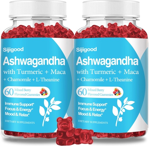 [BRSRM2Q3A4IQIDTF] 2 Pack Ashwagandha Gummies with L-theanine, Ashwa Root Supplement Gummy for Women Men, 120 Mixed Berry Flavored Gummies
