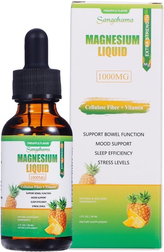 [BRSRAEIDOYNGOCTX] Magnesio Glycinate Liquid Drops, 1000mg Magnesio Liquido Supplemento con fibra di cellulosa, Bromelain, Vitamina B6, C, D, Zinco, Non OGM, Ananas Flavor(1fl oz)