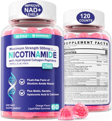 [BRSRAFQCPIDWCCL3] 2 Pachet - Nicotinamidă 500 mg Gummies, NAD+ Supliment pentru femei şi bărbaţi w/ Colagen Peptides, (Flush Free Niacin) Vitamina B3 Niacinamidă pentru Anti- Aging, NAD+ Nivele, Longevitate, Focus & Brain, Sugar Free