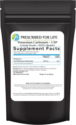 [BRSWKGAYABYRQCY3] Prescribed for Life Potassium Carbonate Powder, Natural USP Food Grade Potash for Plants, Soap, Supplements, & More, Pure Bulk Potassium Powder (12oz / 340g)