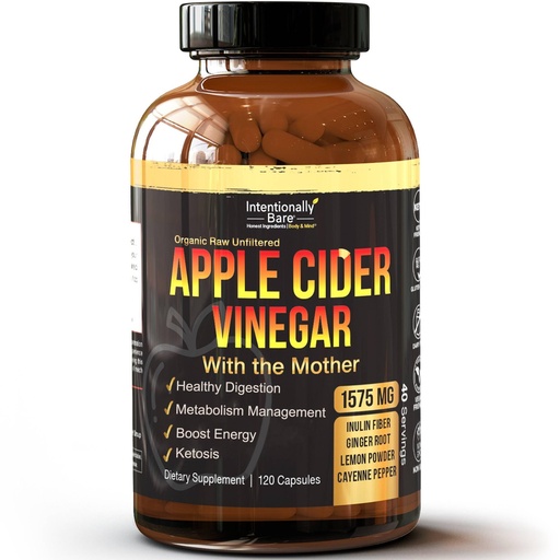 [BRSROFA6AQCBY3A3] Intentionally Bare Apple Cider Vinegar Capsules - ACV Capsules with Mother - Organic, Raw, Unfiltered - Ginger, Lemon, Cayenne & Inulin - Keto Friendly and Gluten Free -1575mg per Serving - 120 Caps