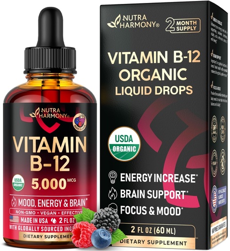 [BRSROFQFCQFAECA2] USDA Organic Vitamin B12 Sublingual Drops - 5000 mcg Liquid Vegan Methylcobalamin for Women & Men - Energy Boost, Focus & Mood, Brain Health Support - Maximize Absorption - 2 Month Supply, 2 fl oz