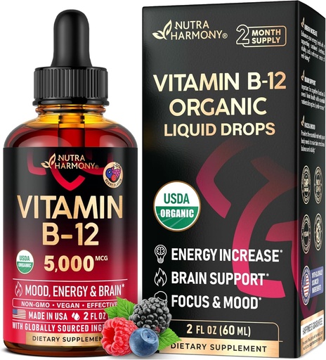 [BRSROFQFCQFAECA2] USDA Organic Vitamin B12 Sublingual drops - 5000 mcg Liquid Vegan Methylcobalamin for Women " Energy Boost, Focus " Mood, Brain Health Support - Maximize Absorption - 2 Month Supply, 2 fl oz