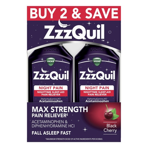 [BRSRMAL4PMORQEL3] ZzzQuil Liquid Max Strength Pain Reliever, Nighttime Sleep Aid Liquid, Acetaminophen 1000mg, Diphenhydramine 50mg HCI, Non-Habit Forming, Black Cherry Flavored, 2 Pack, 24 FL OZ
