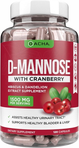 [BRSWYZQEA56AGETO] Cápsulas Natural D-Mannose 4-em-1 Fórmula - 120 CAPS, 1500 MG Cranberry, Dandelion, Hibiscus Flower Extract, Comprimidos para Suportar a Bexiga e a Saúde do Trato Urinário