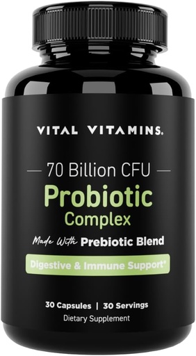 [BRSRAFIFCIPWGDL4] Vital Vitamins Probiotic Complex for Men & Women - 70 Billion CFU - Made with Prebiotic Blend - Digestive, Gut Health, & Immune Support - Powerful Blend of 10 Strains - 30 Capsules