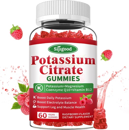 [BRSRAGIPAEMQM23X] Potassium Citrate Gummies - Potasio osagarria Muscle Health, Leg Cramp Relief & Electrolyte Balance, Vegan, Gluten-Free, Raspberry Flavor, 60 konde