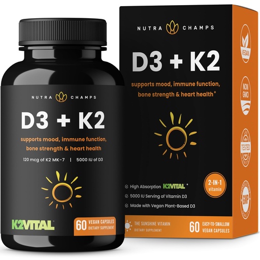 [BRSWGZL6OR5GCDI6] NutraChamps D3 with K2 MK7 Supplement for Heart & Bone Health | Vitamin D & K Complex | 5000 IU of Vitamin D 3 & 100 mcg of Vitamin K 2 MK-7 | 60 Vitamin K2 D3 Capsules