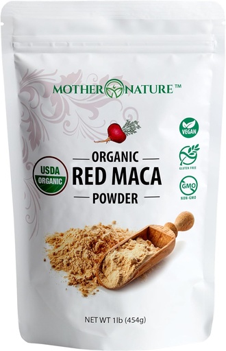 [BRSWKGQABEBWCHTG] Polvo de Maca Roja Peruana Orgánica – Premium USDA Certificado, Equilibrio hormonal para Mujeres, Energía Natural, Mood Support, Non-GMO, Superfood Vegan, 16 oz