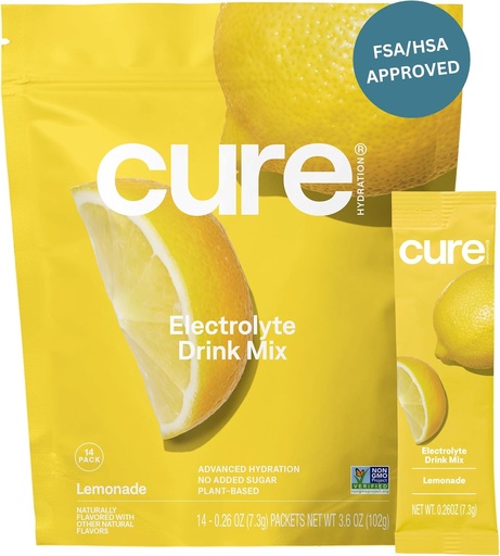 [BRSWGHQPB4NRGCA3] Cure Hydration | Plant-Based Electrolyte Drink Mix | No Added Sugar | FSA & HSA | Dehydration Relief Powder Made with Coconut Water | Non-GMO | Vegan | Pouch of 14 Packets - Lemonade