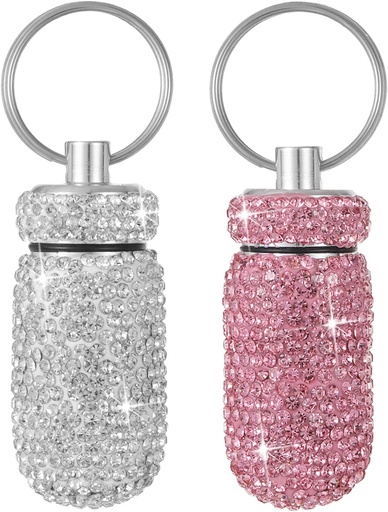 [BRSRMCAKBMNQAAI2] Bling Pill Case Nešiojamos Travel Pill Konteineris Butelis Rhinstone Vandeniui atsparus Mažas Pill Turėtojas su Keychain Mielas pill saugojimo dėžutė lauko Kempingai (Balta rožinė)