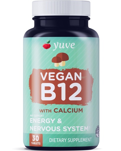 [BRSWGEIROV5BQCY7] Yuve Vegan B12 with Calcium for Maximum Absorbption - Active Energy & Central Nervous System Support - 1000mcg Cobalamin Vitamin B 12 - Natural, Non-GMO, Gluten-Free, Sugar-Free - 30 Tabs