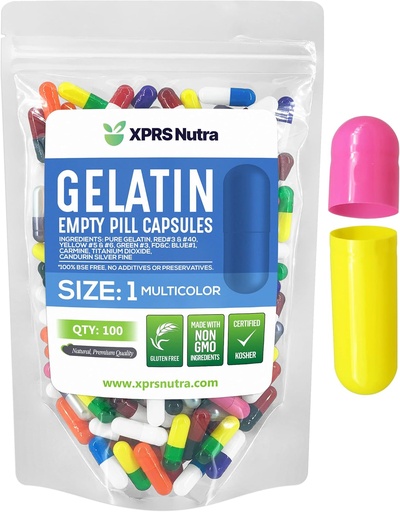 [BRSWYEAHBEDWGD3H] XPRS Nutra Size 1 Empty Capsules - 100 Count Empty Gelatin Capsules - Pills for DIY Capsule Filling - Pure Bovine Pill Gel Caps to Fill with Your Supplements (Multi Color)