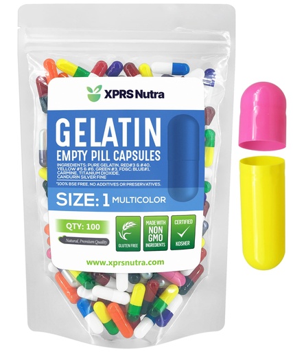 [BRSWYEAHBEDWGD3H] XPRS Nutra Size 1 Empty Capsules - 100 Count Empty Gelatin Capsules - Pills for DIY Capsule Filling - Pure Bovine Pill Gel Caps to Fill with Your Supplements (Multi Color)
