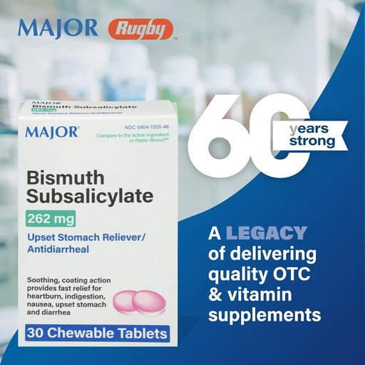 [BRSRMGQ7BYHWM33B] MAJOR Bismuth Subsalicylate 262mg Chewables - Offers Heartburn, Indigestion, Nausea, Diarrhea, and Upset Stomach Relief - Antidiarrheal - 30 Chewable Tablets