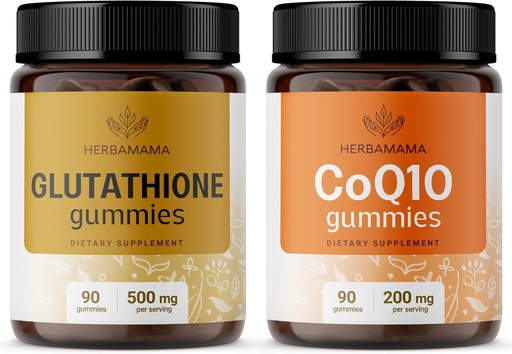 [BRSRAGAEA4BQ43LH] HERBAMAMA Glutathione and CoQ10 Kit - Bundle of 500 mg Reduced L-Glutathione and 200 mg CoQ10 Gummies - Vegan, Non-GMO, Gelatin-Free - 2 Pack
