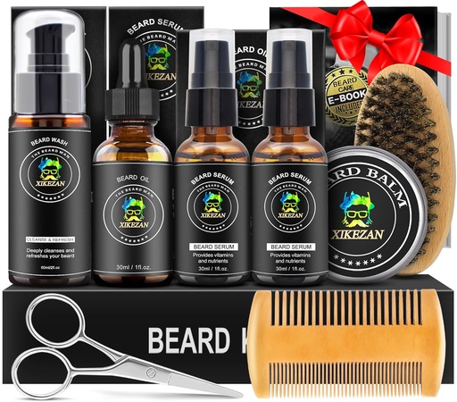 [BRSROHYRBB7GGCDK] XIKEZAN Beard Kit for Men Grooming & Care Set w/2 Pack Beard Serum, Wash, Oil, Balm, Comb, Brush, Scissor, Bag, EBook, Unique Birthday Gifts for Men Him Dad Husband Brother Christmas Stocking Stuffers