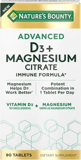 [BRSRMBIQDEPBQ3LF] Naturens Bounty Advanced vitamin D3 med magnesiumcitrat immunformula, støtter immun- og beinhelse, 90 tabletter