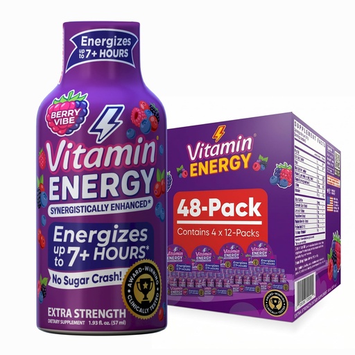 [BRSRAGLQDMFAM3I4] Vitamin Energy Mood+ Extra Strength Energy Shot Tropical Berry 48 Pack, 260mg Natural Caffeine, B-Vitamins, Rhodiola, Chamomile, Mood & Energy Support, Zero Sugar, Gluten-Free, Vegan, 1.93 fl oz
