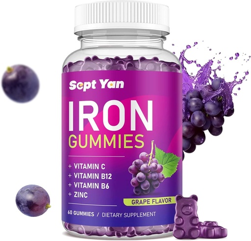 [BRSRAZDYCV6WAYDA] Kadınlar ve Çocuklar için Demir Gummies - C, B12, B6, çinko - Blood Builder & Energy - Demir Supplement Gummies Blood Builder, Anemi - 60 Vegan Grape Flavor
