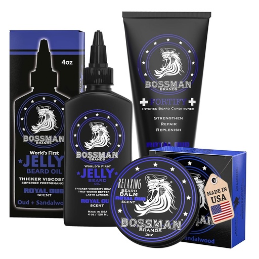 [BRSWYHTQB4PRAYA3] Bossman Essentials Beard Kit for Men, Set of 3 - Beard Oil Jelly, Fortifying Conditioner Cream, Beard Balm - Grooming Growth Care Accessories - Gift Set for Men (Royal Oud)