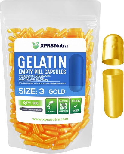 [BRSWYCQROIFWYGTH] XPRS Nutra Size 3 Empty Capsules - 100 Count Empty Gelatin Capsules - Pills DIY Capsule Filling - Pure Bovine Pill Gel Caps Fillable for Do-It-Yourself Vitamins and Supplements (Gold)
