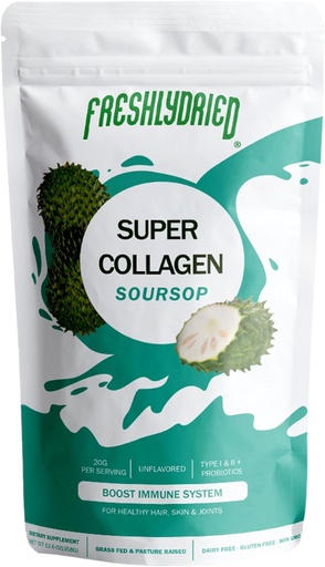 [BRSROGQ3OFYWGYLH] Freshlydried Collagen Peptides & Soursop Toz - Sağlamlıq Skin, Saç, Çiçəklər, Birləşmiş və Bones - Tip I & Grass III-Fed Collagen Probiyotiks ilə - 20 Xidmət - 12.6 Ounces