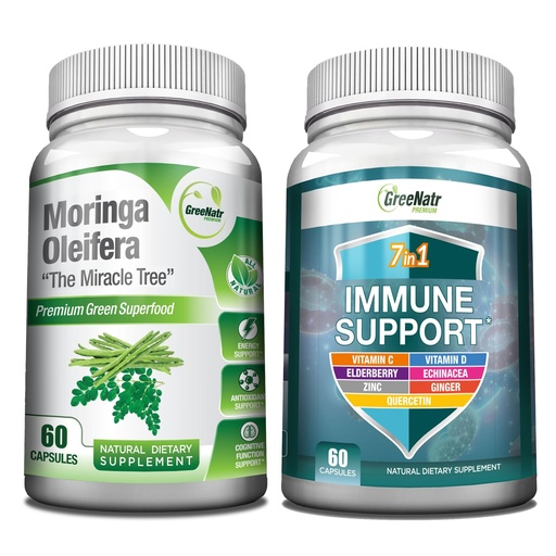 [BRSROAIOPIPRU3Q6] GreeNatr Energy Support & Immune Defense Bundle: Pure Moringa Oleifera Leaf Extract Veggie Capsules (1000 mg) with 7-in-1 Immune Support Formula for Energy, Mood, Memory, Focus