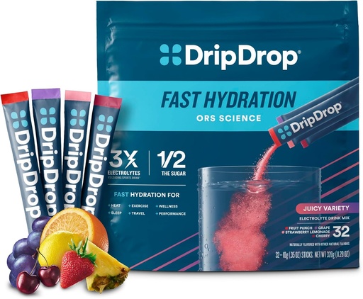 [BRSW2ZQYAF7QIEI3] DripDrop Hydration Packets - Juicy Variety Pack - Ενιαία σερβίρετε Ηλεκτρόλυτες Powder Drink Mix - Σταφύλι, Fruit Punch, Φράουλα Λεμονάδα, Cherry - Μη ΓΤΟ, Χωρίς Γλουτένη, Vegan - 32 Sticks