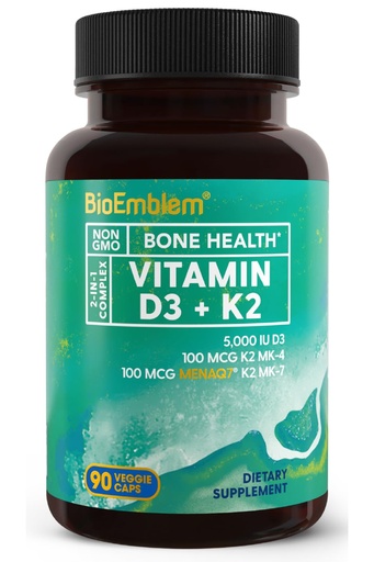 [BRSROA34OVYWEEYZ] BioEmblem Vitamin D3 K2 Capsules (5000IU and 200mcg) - Patented MK7 and MK4 for 3-in-1 Complex Support - Vegetarian Vitamin D K2 Supplement for Teeth, Heart, Immune System - Non-GMO, 90 Caps