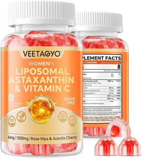 [BRSRAGQ7AAIBQ3A2] Astaxanthin Supplements 6mg + Liposomal Vitamin C 1000mg - Dual Layer - Niacin B6,B12,Folate,Biotin - Antioxidants - Gelatin Free,Sugar Free,60Cts