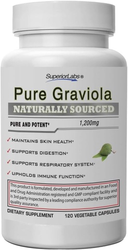 [BRSWIAD4CFYAMD3U] 高级实验室 Graviola 1200mg,纯天然非GMO 草药抗氧化剂,免疫和呼吸支持,促进健康皮肤,细胞生长和平衡混合,高概率提取,120 Veg Capsules