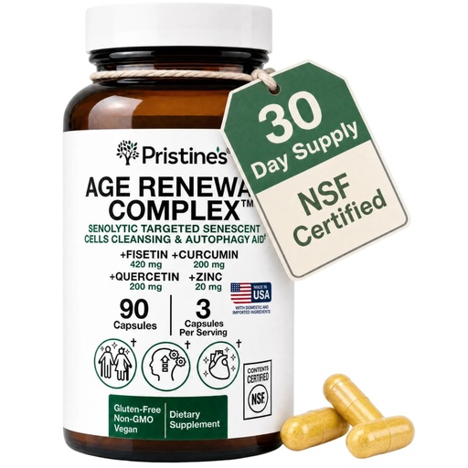 [BRSROFD2C4AQYAD7] Age Renewal Complex - Senescent Cell Removal & Cellular Health Support - Fisetin, Quercetin, Curcumin, Zinc -Senolytic & Autophagy Aid Supplement-NSF Certified, 3rd Party Tested USA Made Glass Bottle