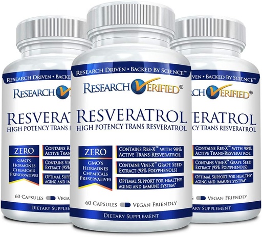 [BRSWYGAKCQNRUD3A] Uuringud Kontrollitud Resveratrool - 98% Trans-Resveratrool 1000 mg, vananemisvastane tugi - 60 kapslit pudeli kohta - 3 pudelit