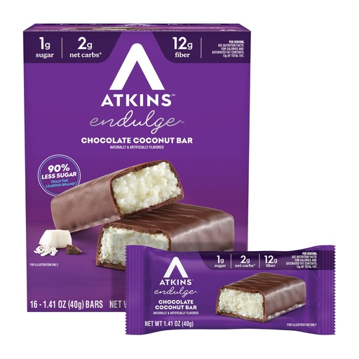 [BRSROGAOBAMAYCLB] Atkins Endulge Chocolate Coconut Flavored Snack Bar, 1g Sugar, 12g Fiber, Low Sugar Snack, High Fiber Bars, Keto Friendly Treat, 16 Count